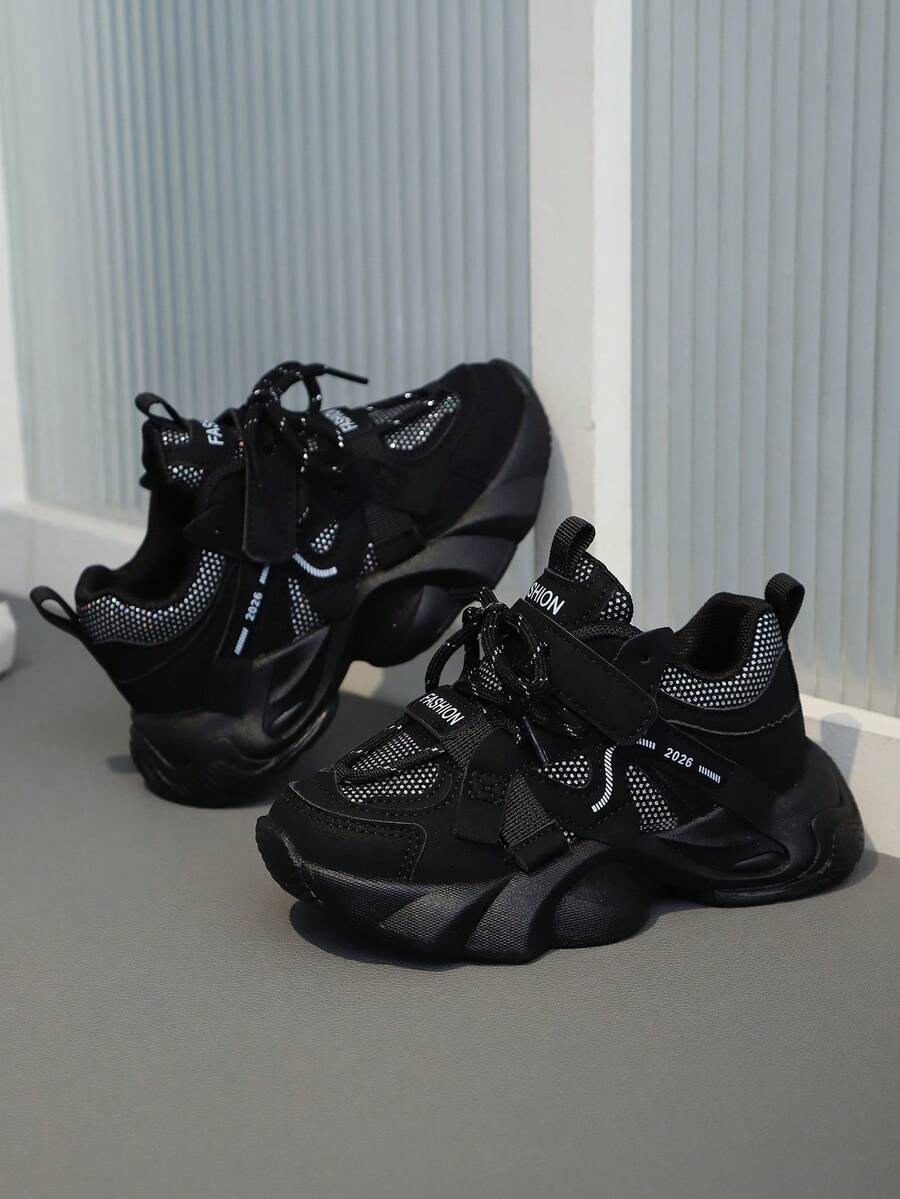 Kids Fashion Sneakers - Breathable Mesh & Faux Leather Shock Absorbing Running Shoes for Outdoor Activities All Seasons