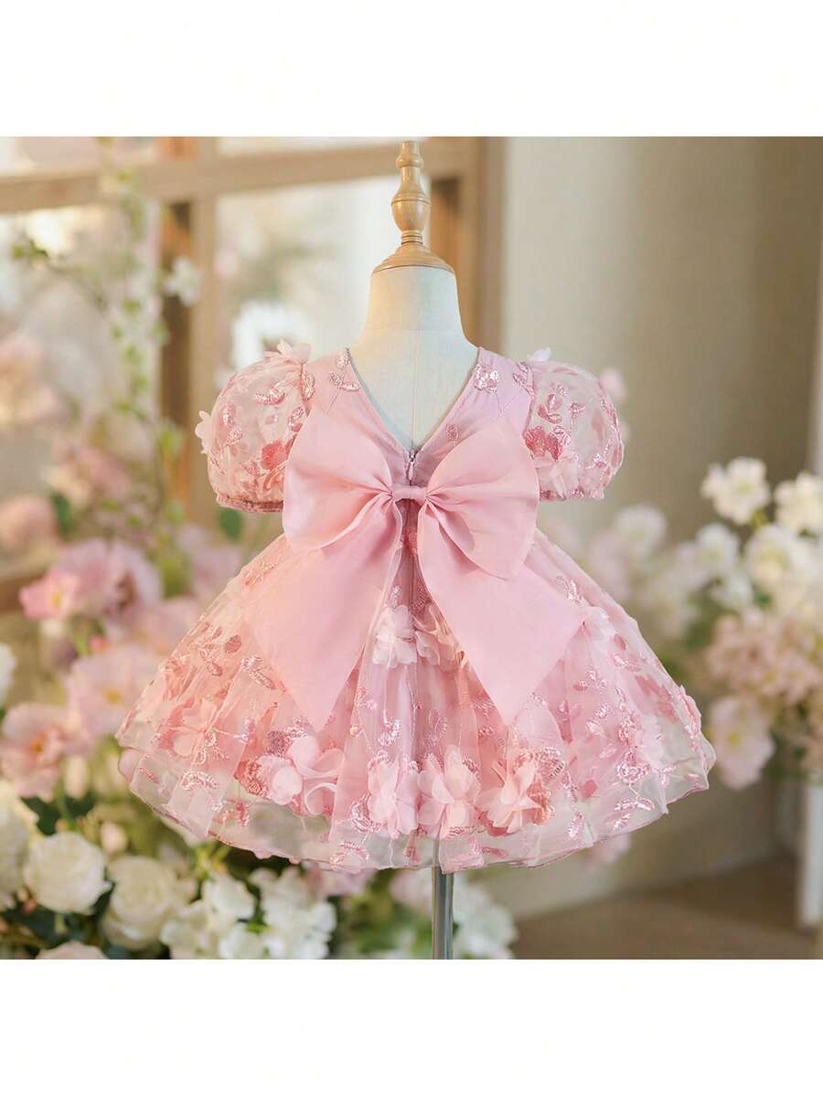 Pink Floral Mesh Embroidered Short Sleeve Dress for Baby Girls