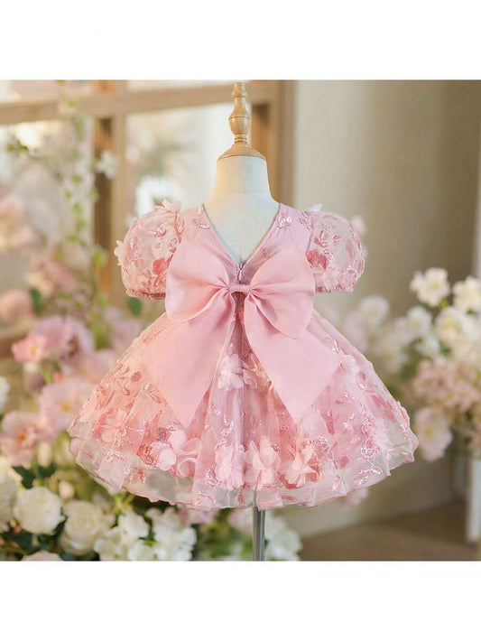 Pink Floral Mesh Embroidered Short Sleeve Dress for Baby Girls