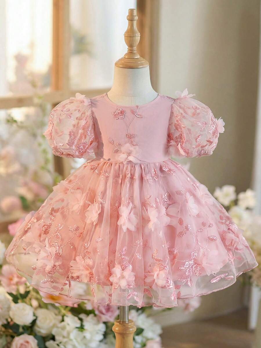 Pink Floral Mesh Embroidered Short Sleeve Dress for Baby Girls