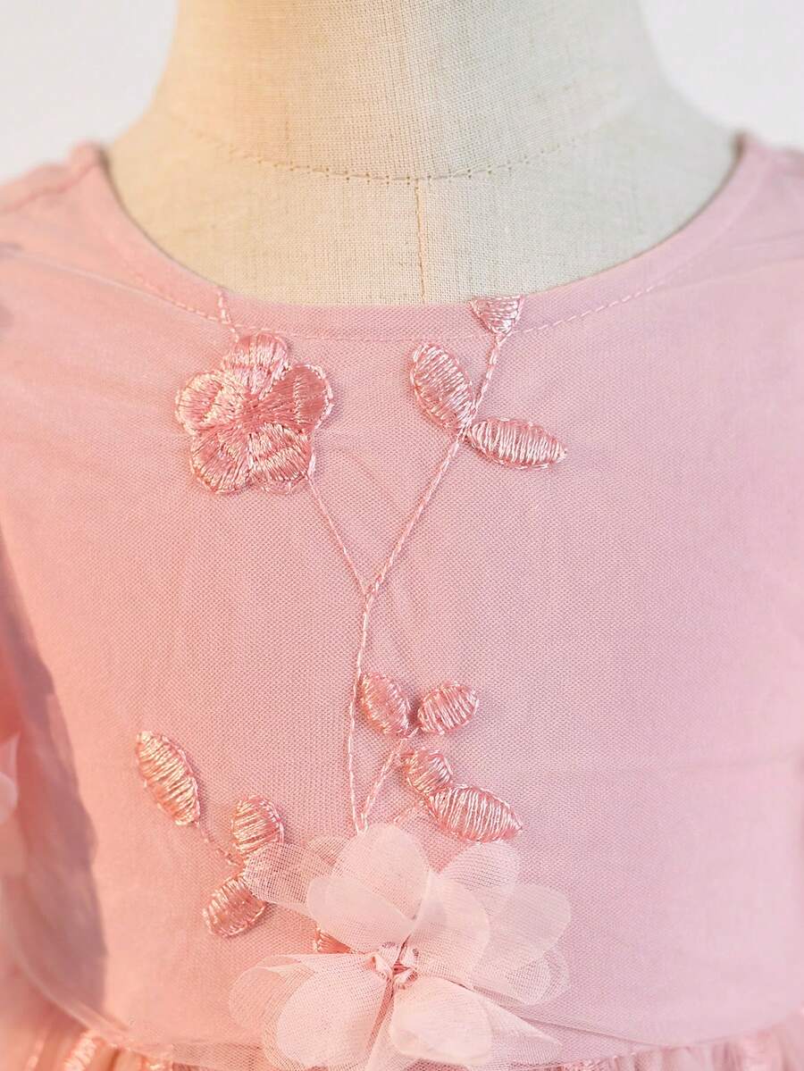 Pink Floral Mesh Embroidered Short Sleeve Dress for Baby Girls