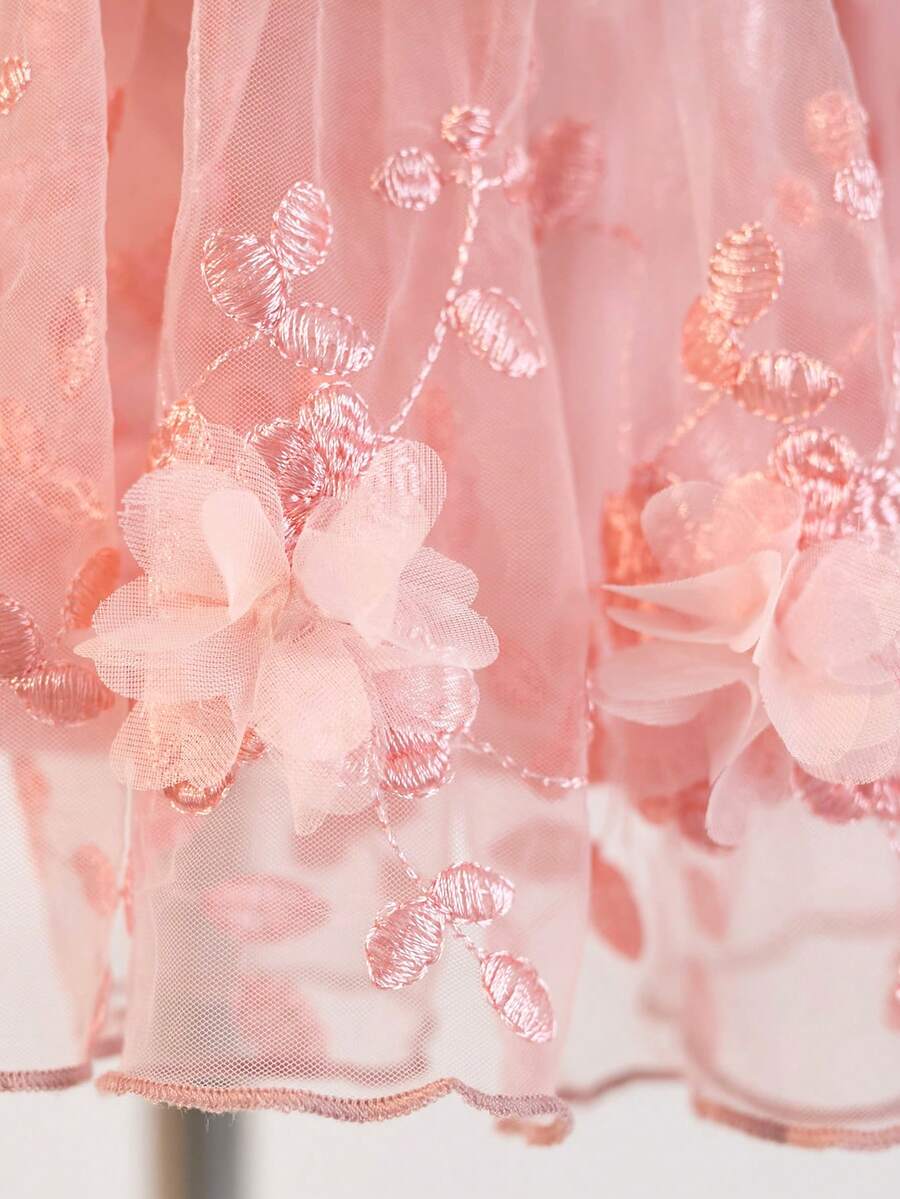 Pink Floral Mesh Embroidered Short Sleeve Dress for Baby Girls