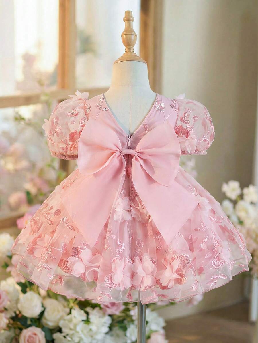 Pink Floral Mesh Embroidered Short Sleeve Dress for Baby Girls