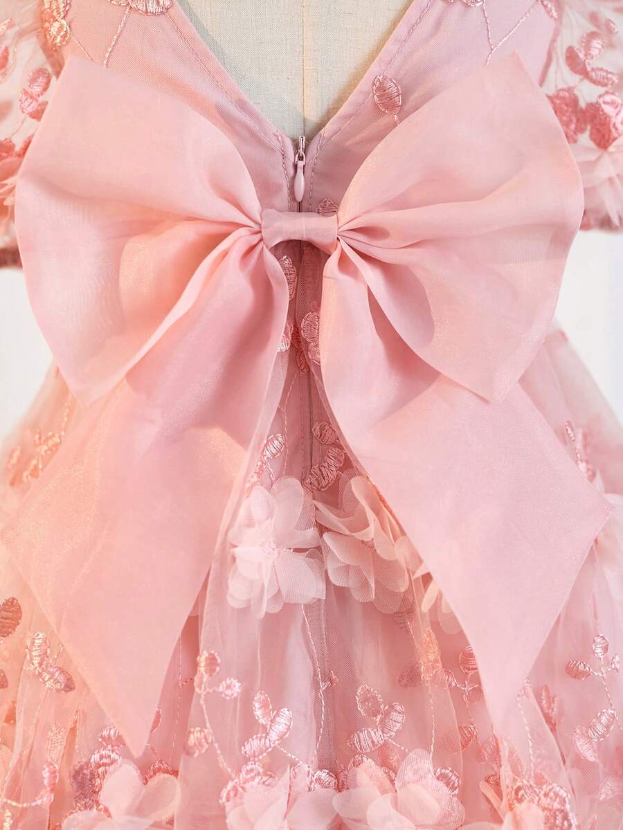 Pink Floral Mesh Embroidered Short Sleeve Dress for Baby Girls
