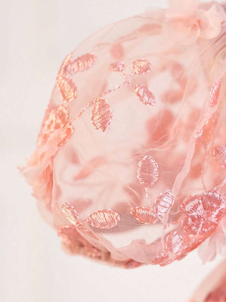 Pink Floral Mesh Embroidered Short Sleeve Dress for Baby Girls