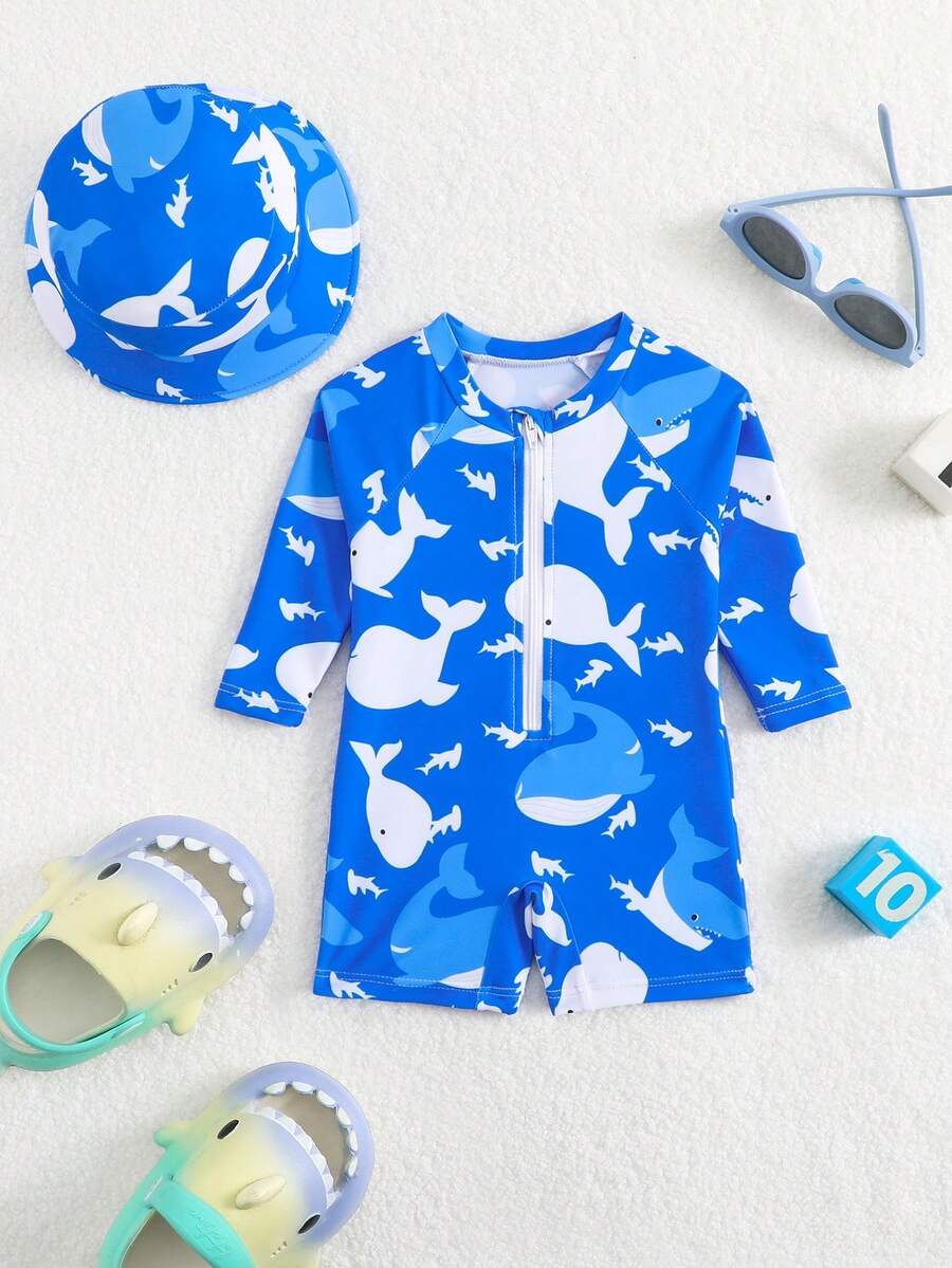 Baby Shark & Whale Print Long Sleeve Zipper Rash Guard Swimsuit with Matching Hat