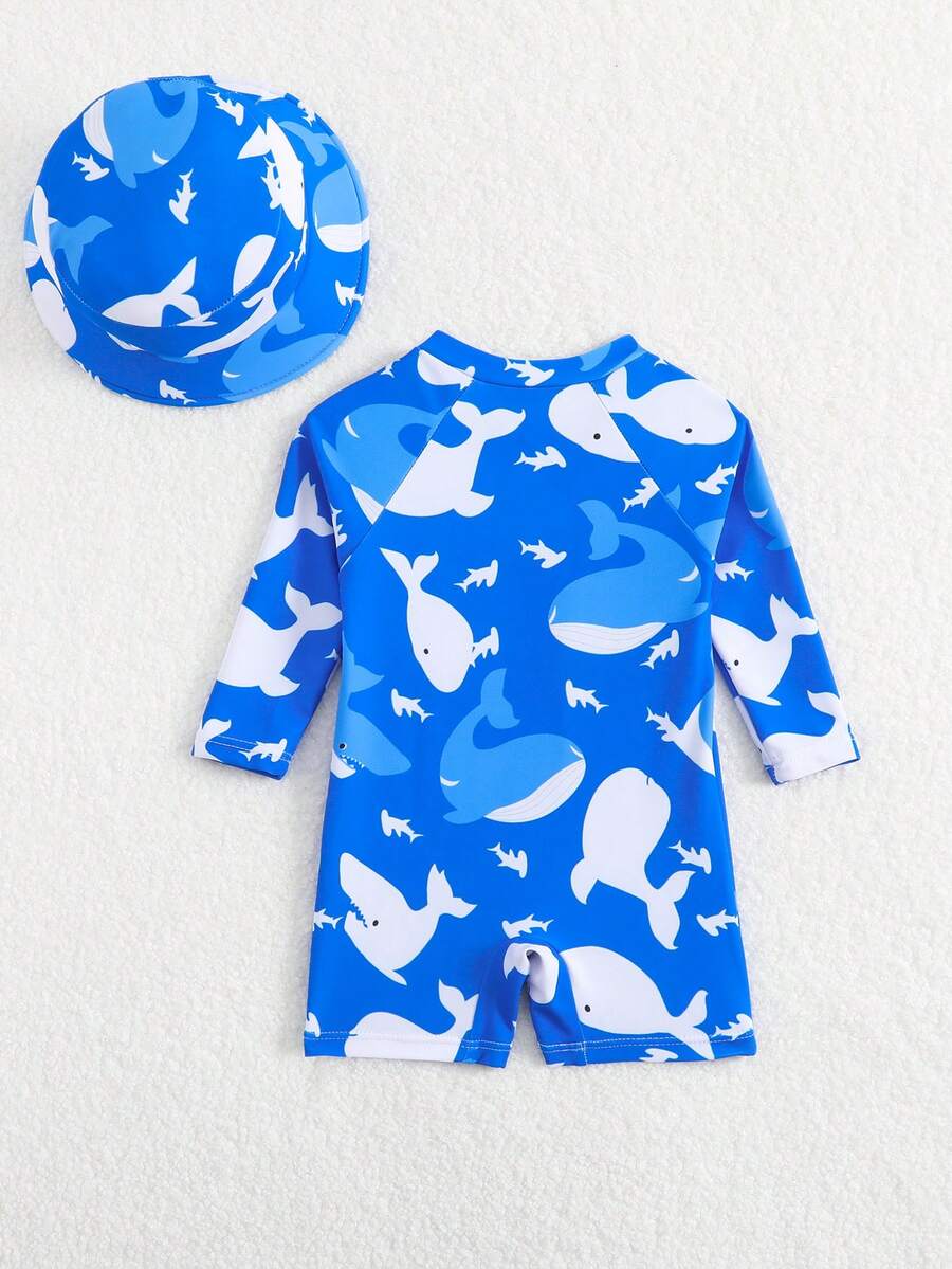 Baby Shark & Whale Print Long Sleeve Zipper Rash Guard Swimsuit with Matching Hat
