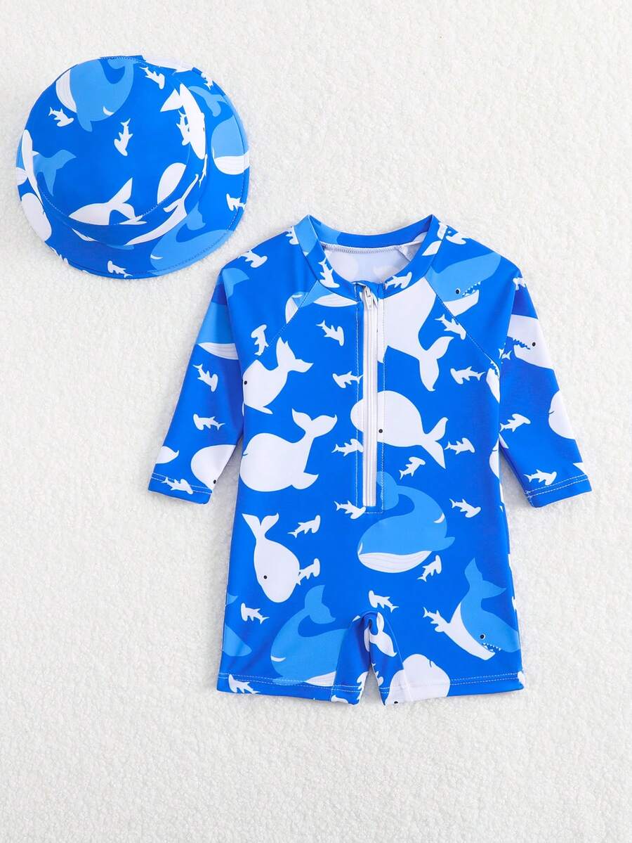 Baby Shark & Whale Print Long Sleeve Zipper Rash Guard Swimsuit with Matching Hat