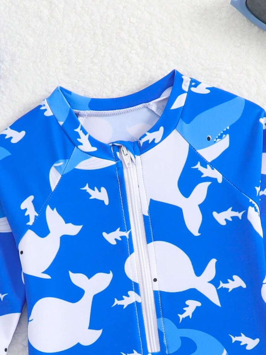 Baby Shark & Whale Print Long Sleeve Zipper Rash Guard Swimsuit with Matching Hat