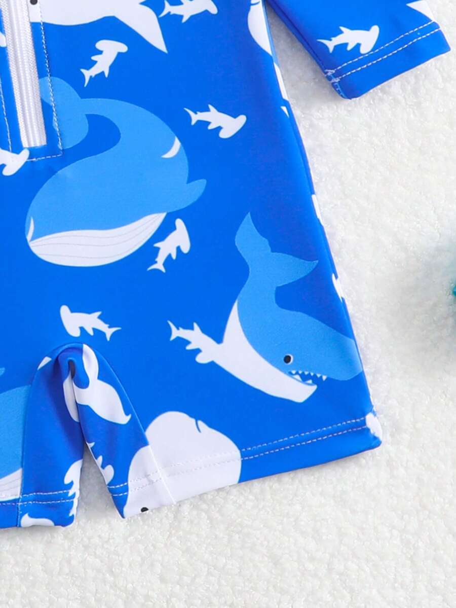 Baby Shark & Whale Print Long Sleeve Zipper Rash Guard Swimsuit with Matching Hat