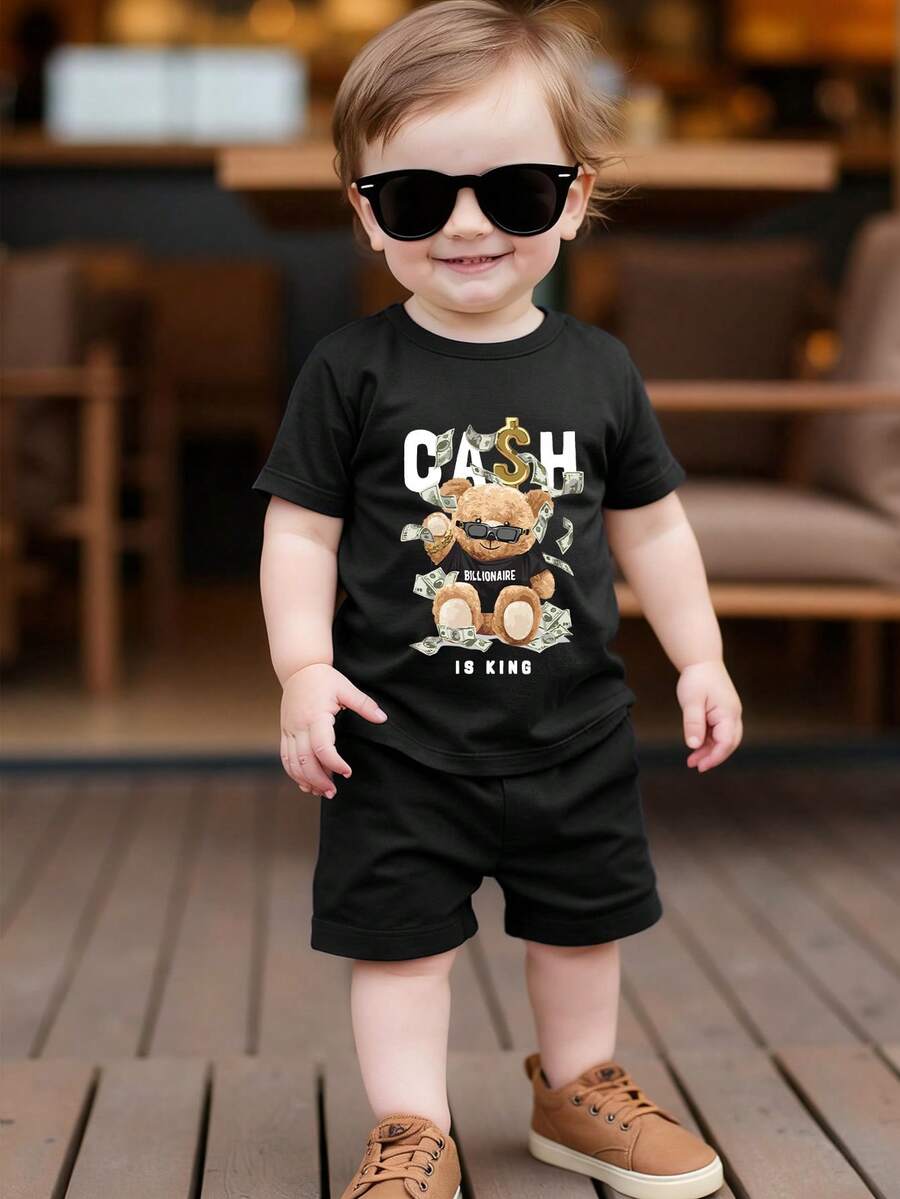 Playful Pals Toddler Boy Bear Motif Shirt and Distressed Jean Shorts Suit