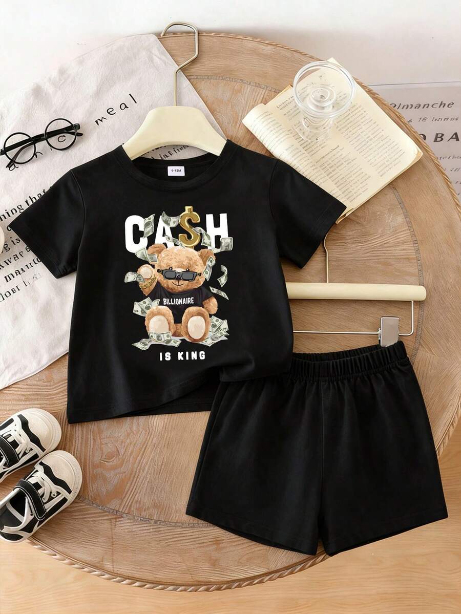 Playful Pals Toddler Boy Bear Motif Shirt and Distressed Jean Shorts Suit
