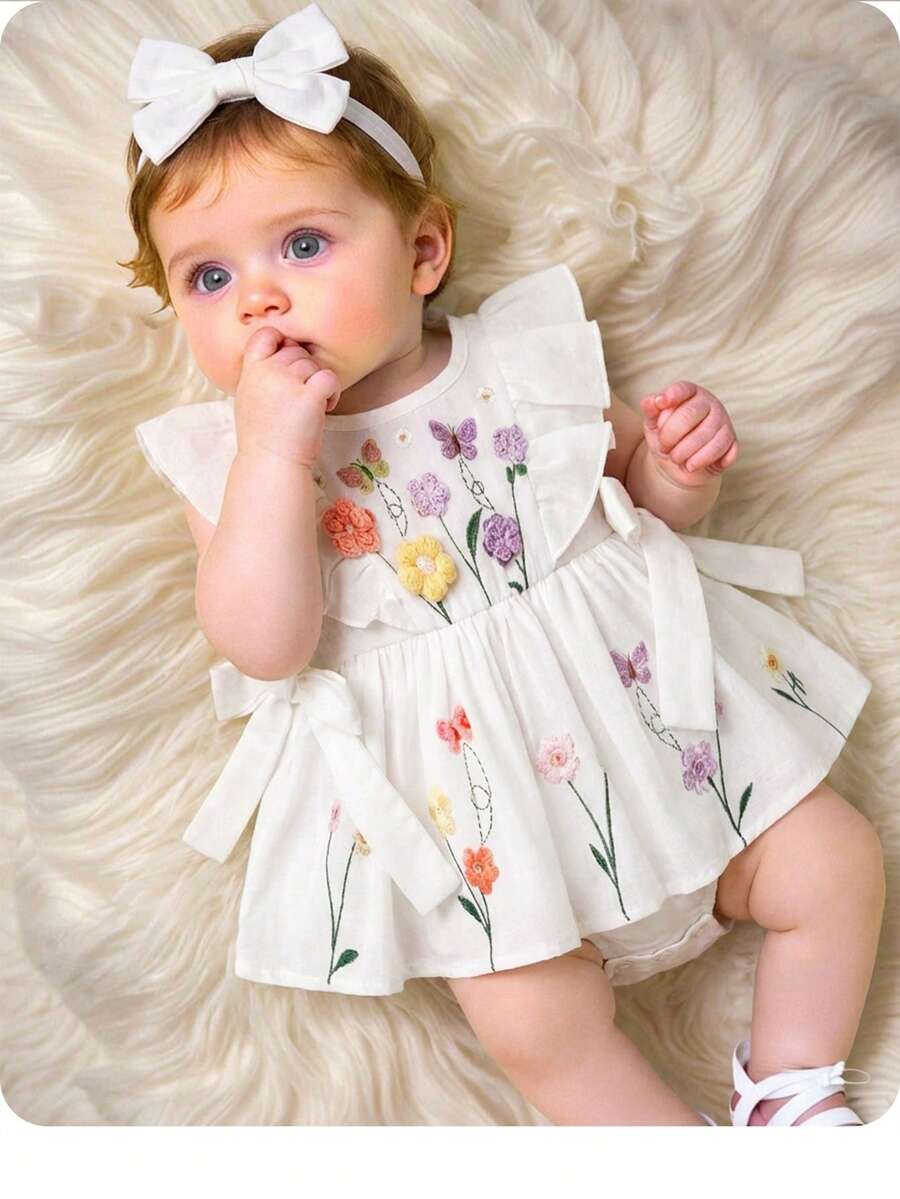Embroidered Bow Decor Baby Girl Ruffle Sleeve Bodysuit for Everyday Wear