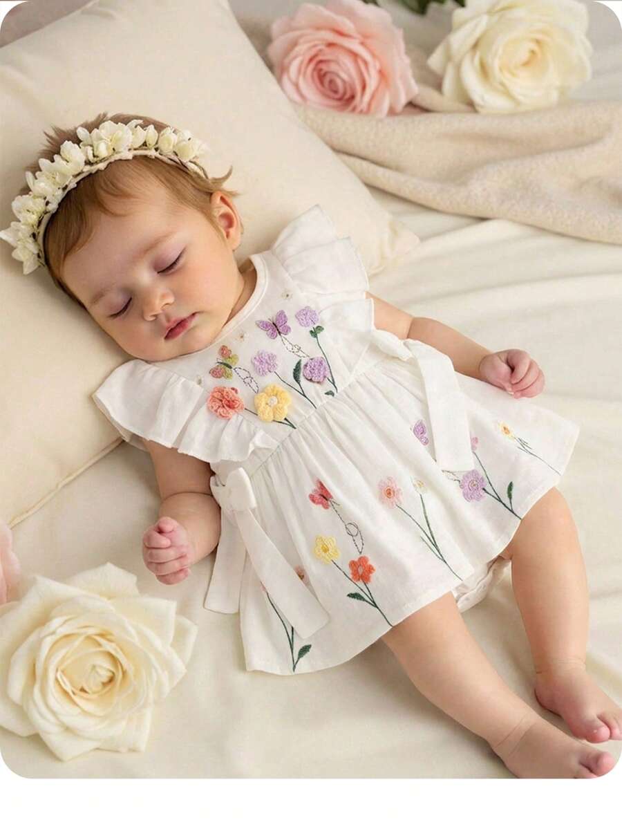 Embroidered Bow Decor Baby Girl Ruffle Sleeve Bodysuit for Everyday Wear