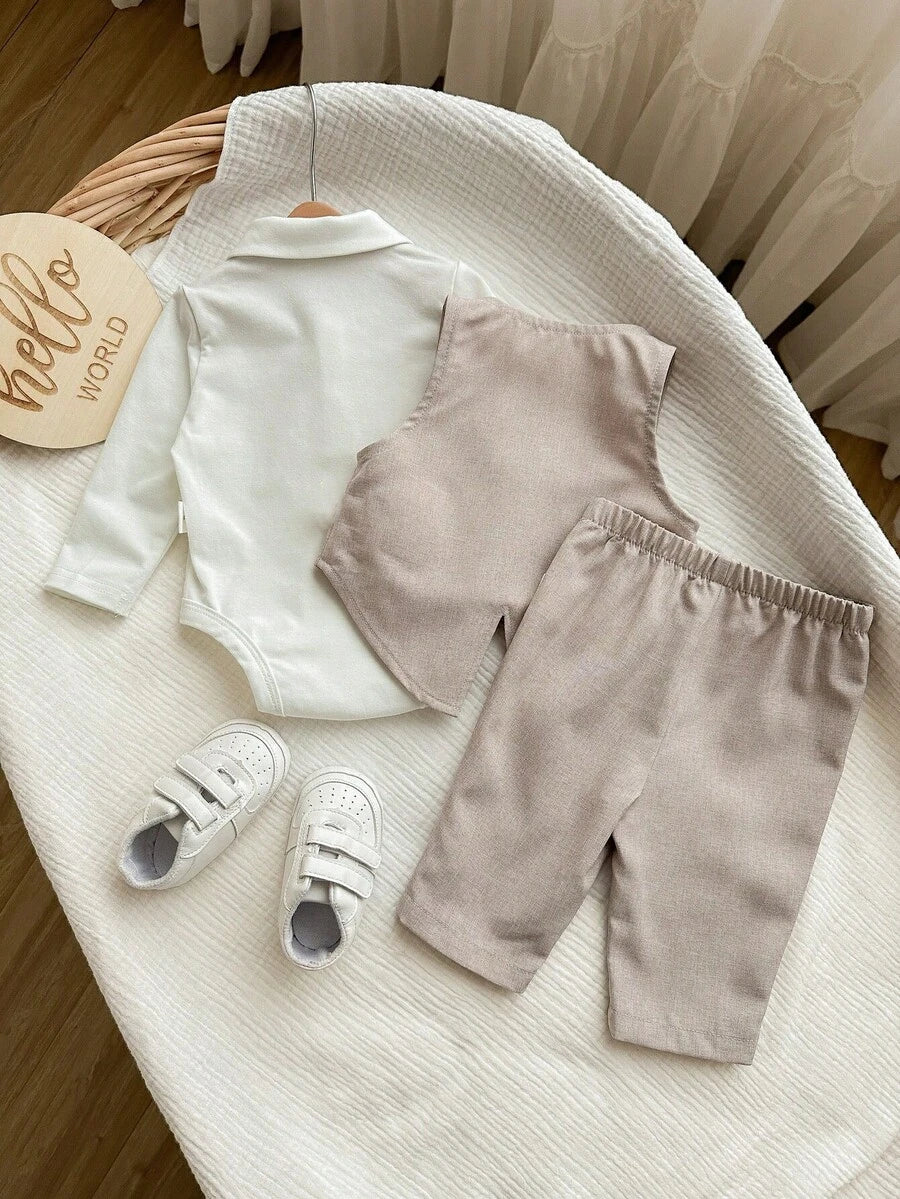 3pcs Baby Boy Preppy Outfit Set With Vest Jacket Bow Tie Romper And Pants