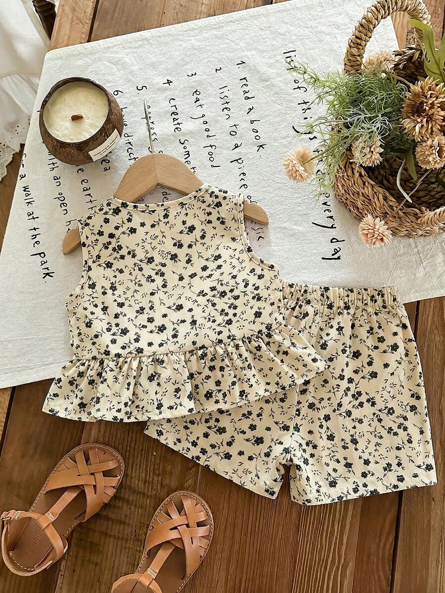 Plaid Bow Decor Outfit Set For Baby Girls Cute Ruffle Hem Summer Wear
