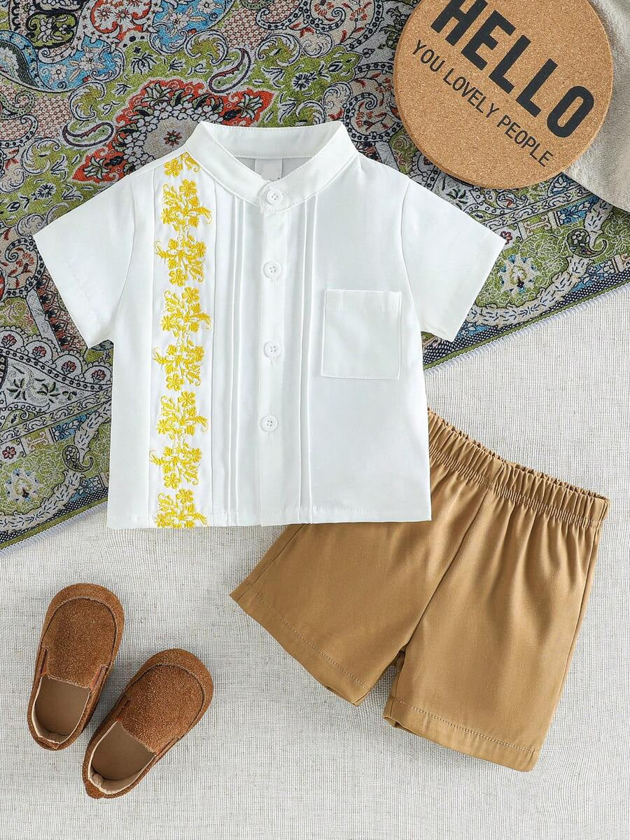 Toddler Boy Summer Vacation Outfit: Plant Print Shirt and Elastic Waist Shorts