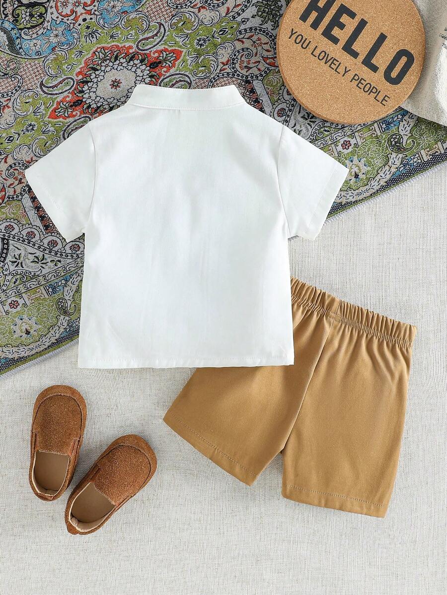 Toddler Boy Summer Vacation Outfit: Plant Print Shirt and Elastic Waist Shorts