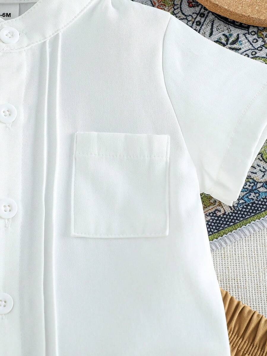Toddler Boy Summer Vacation Outfit: Plant Print Shirt and Elastic Waist Shorts