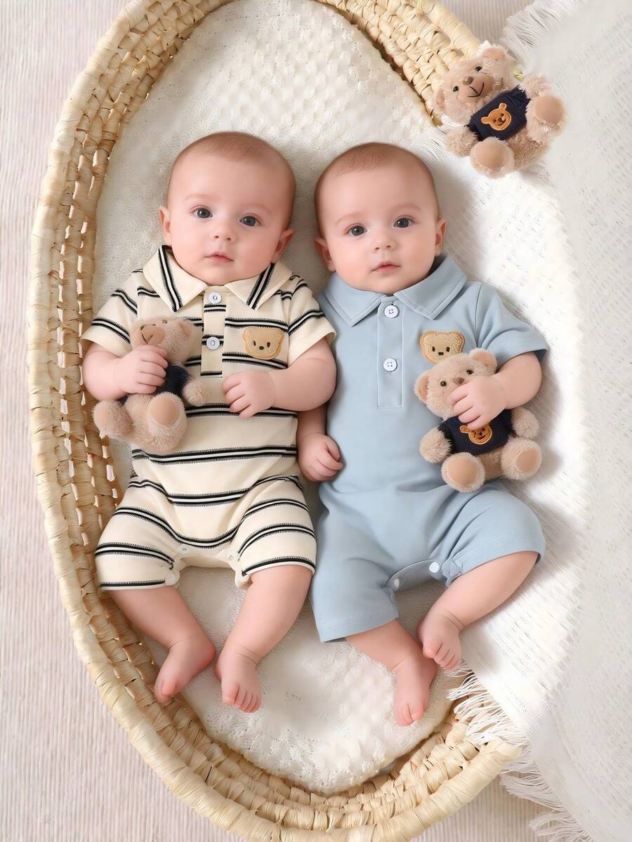 2PCS Baby Color Block Stripe Collared Romper and Shorts Set for Casual Daily Wear