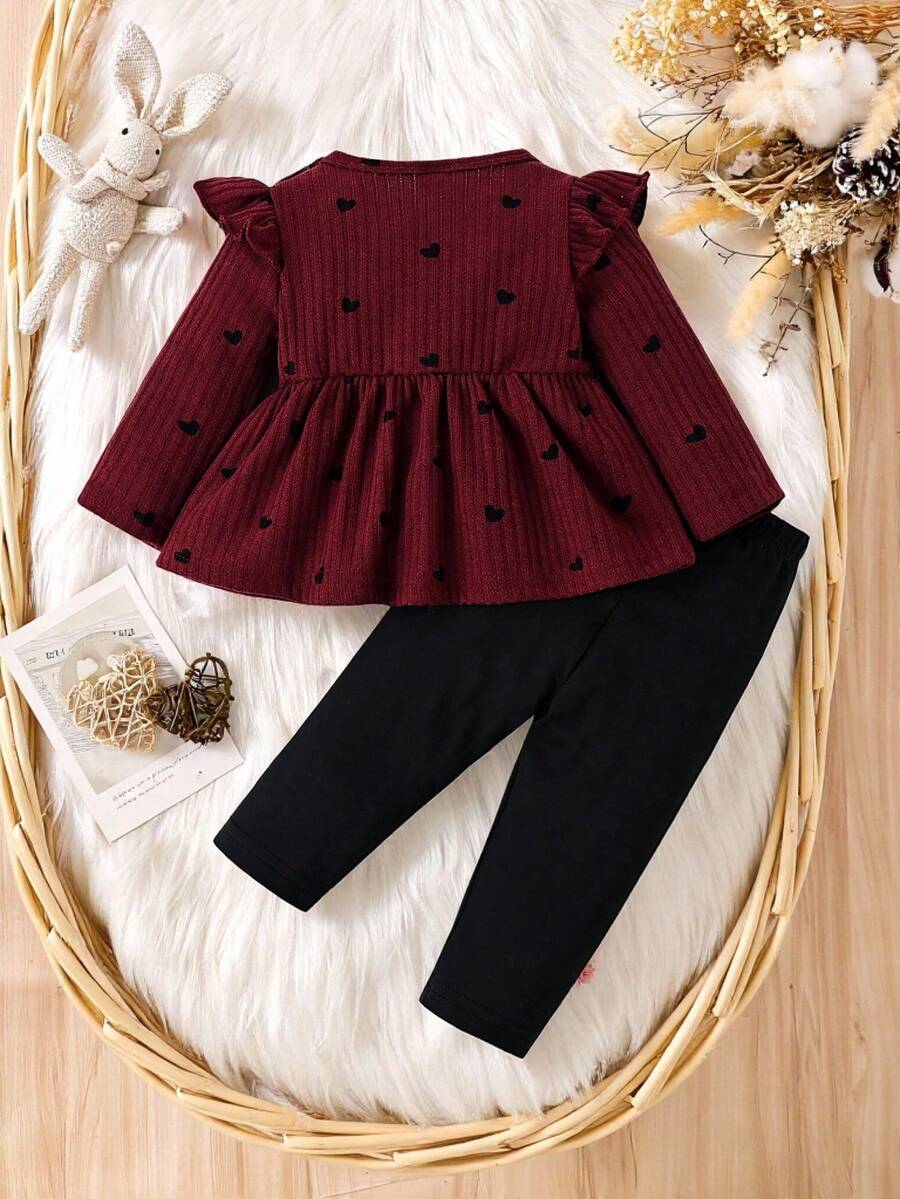 Newborn Spring/Fall Heart Print Pullover And Bow Detail Skinny Pants 2pcs Set For Casual, Outdoor & Christmas Wear