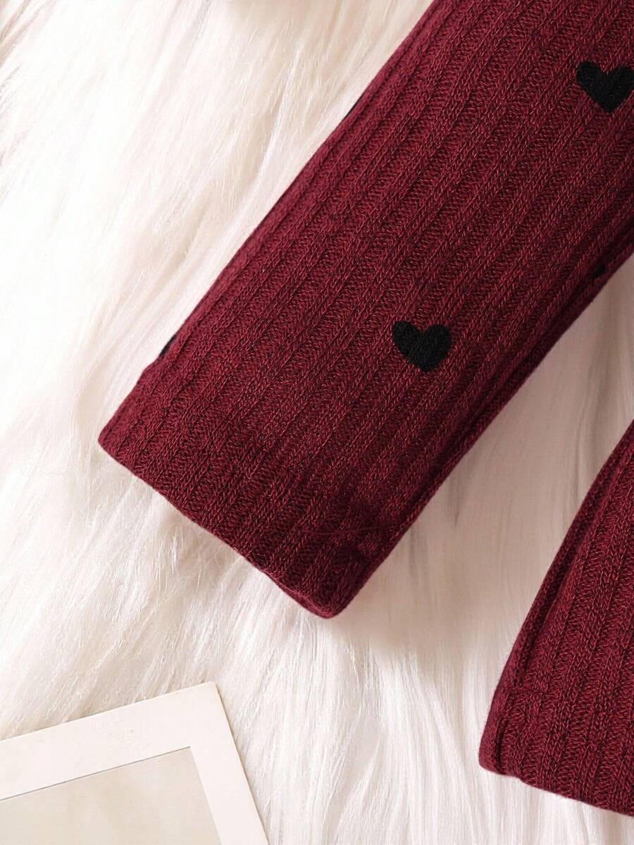Newborn Spring/Fall Heart Print Pullover And Bow Detail Skinny Pants 2pcs Set For Casual, Outdoor & Christmas Wear