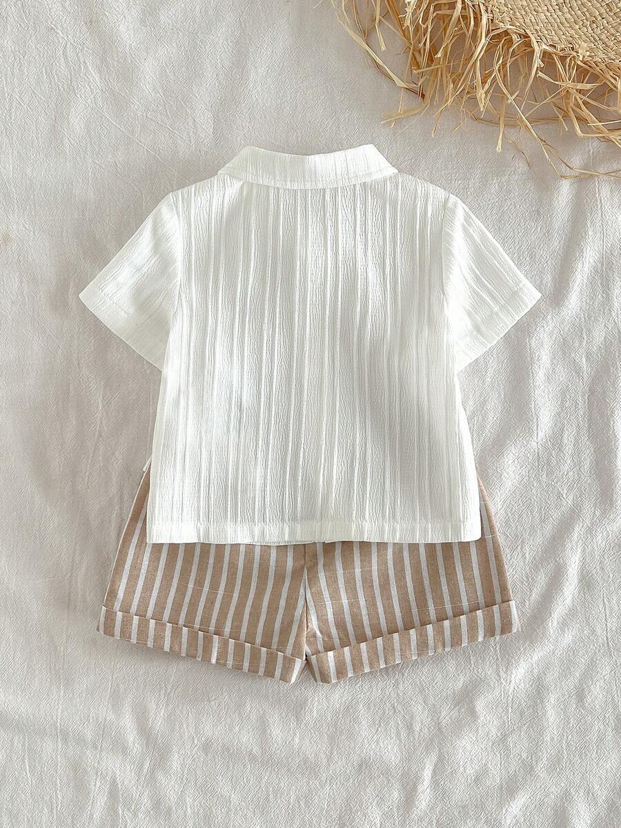 Baby Boy 2pcs Knit Jacquard Summer Set - Short Sleeve Shirt & Elastic Shorts