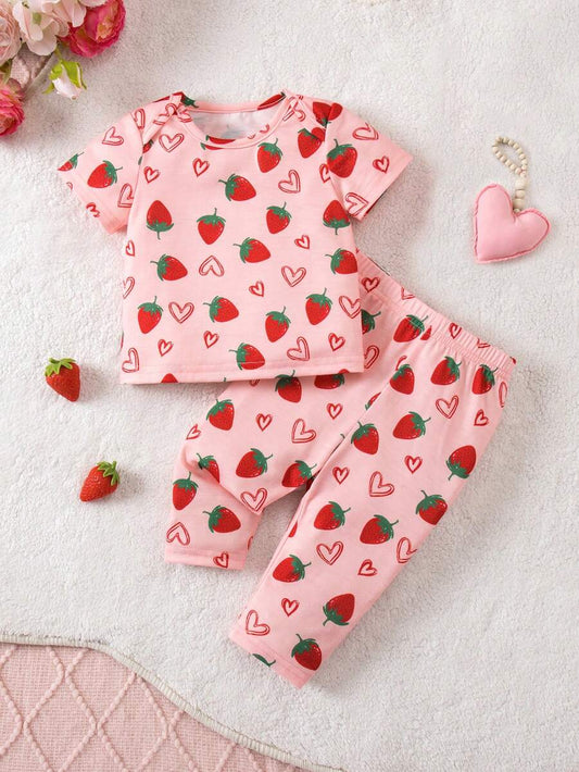 Baby Strawberry Print Short Sleeve Pajama Set for Cozy Summer Sleepwear
