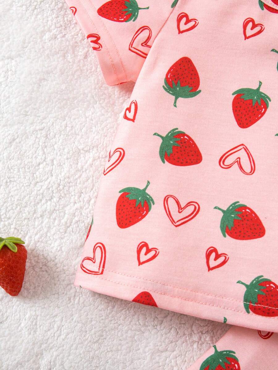 Baby Strawberry Print Short Sleeve Pajama Set for Cozy Summer Sleepwear
