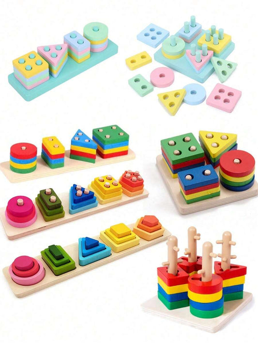 Wooden Stacking Toy Shape Sorting Tower Color Recognition Educational Blocks for Toddlers