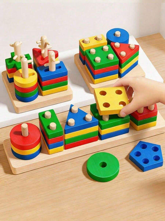 Wooden Stacking Toy Shape Sorting Tower Color Recognition Educational Blocks for Toddlers