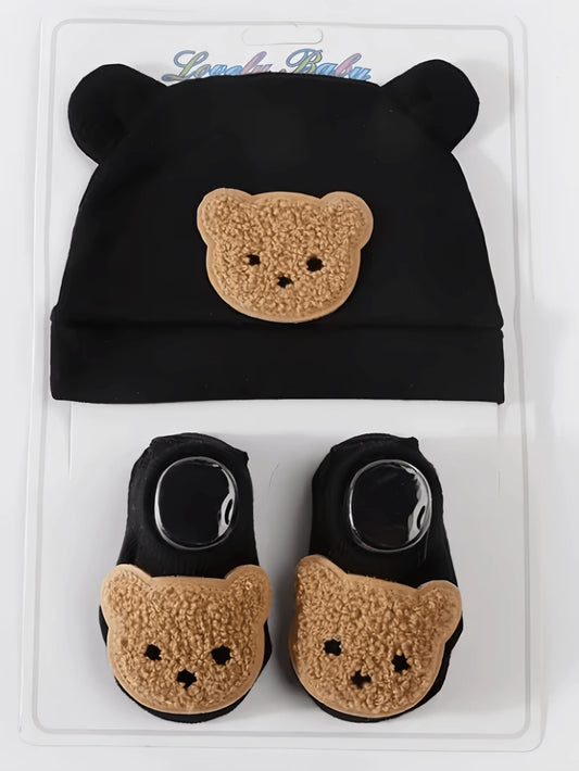 2pcs Bear Ear Beanie Hat and Mittens for Cute Warm Daily Wear