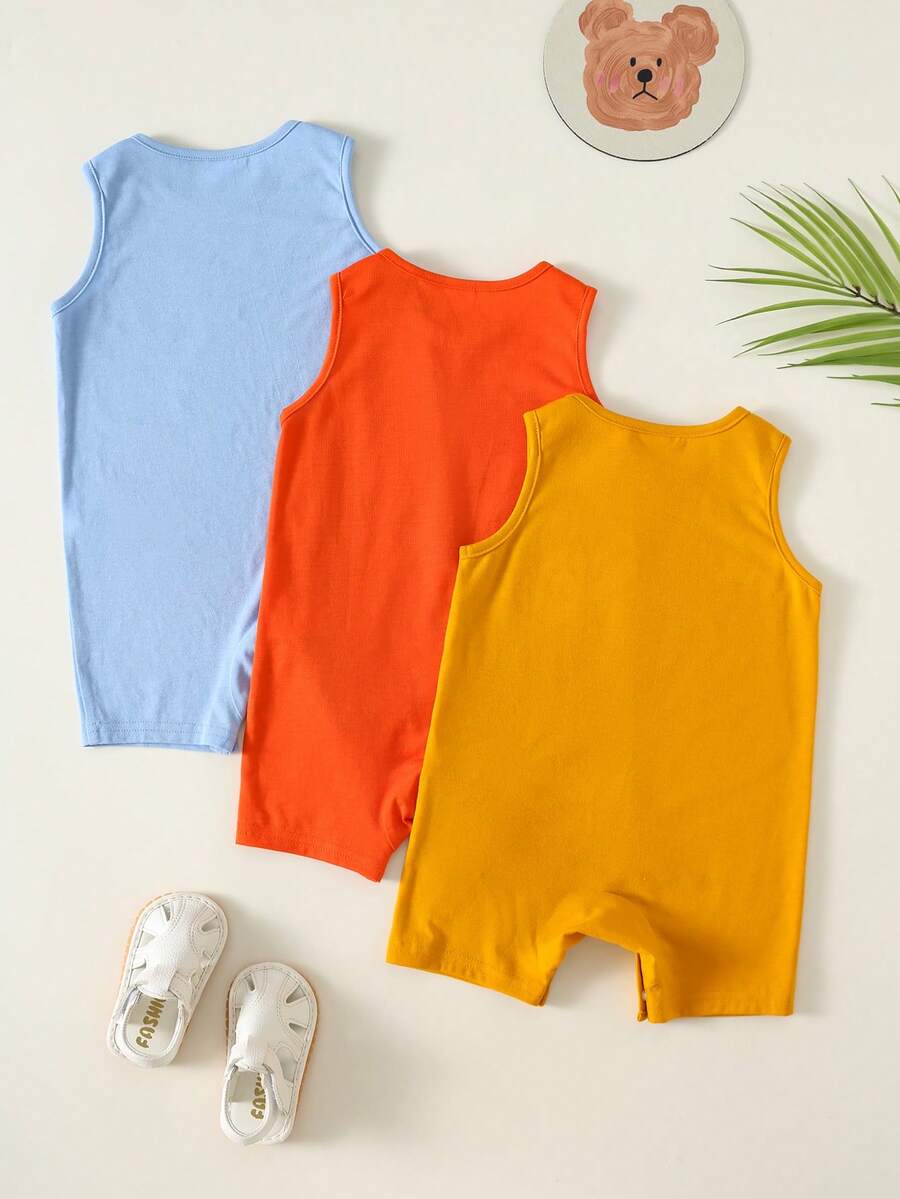 Unisex Newborn Baby Cartoon and Stripe Print Romper 3 Piece Summer Outfit Set