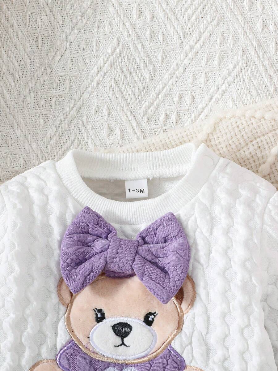 Newborn Baby Girl Bear & Bow Embroidered Long Sleeve Top & Contrast Pants 2PCS Set