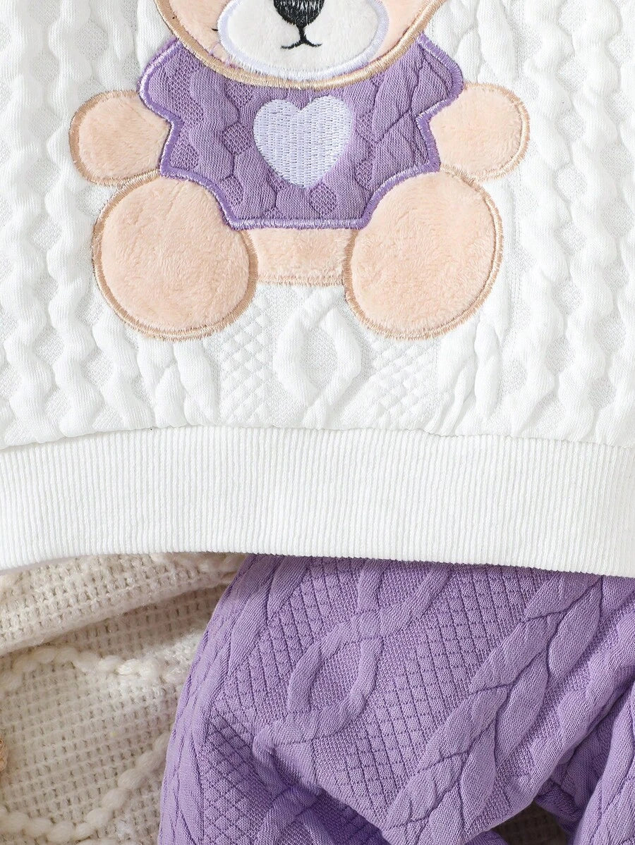 Newborn Baby Girl Bear & Bow Embroidered Long Sleeve Top & Contrast Pants 2PCS Set