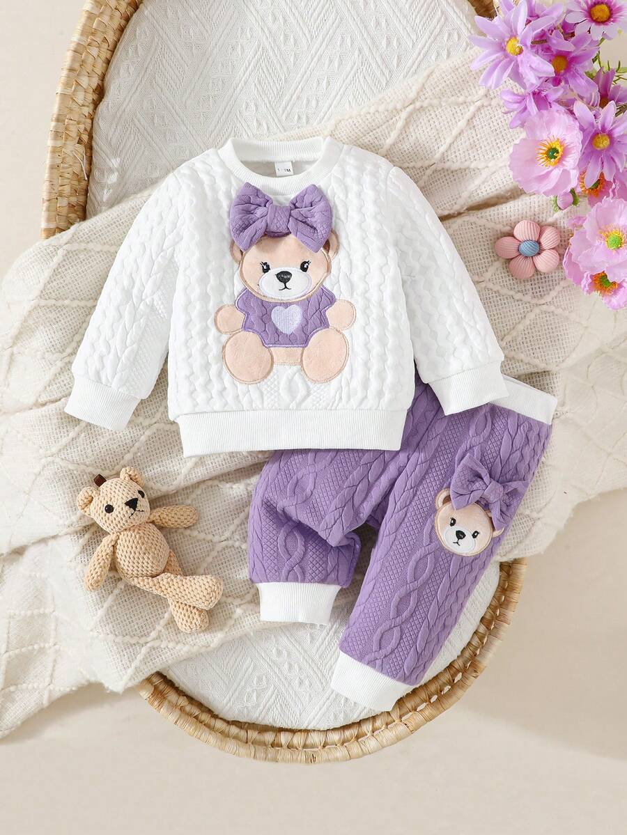 Newborn Baby Girl Bear & Bow Embroidered Long Sleeve Top & Contrast Pants 2PCS Set