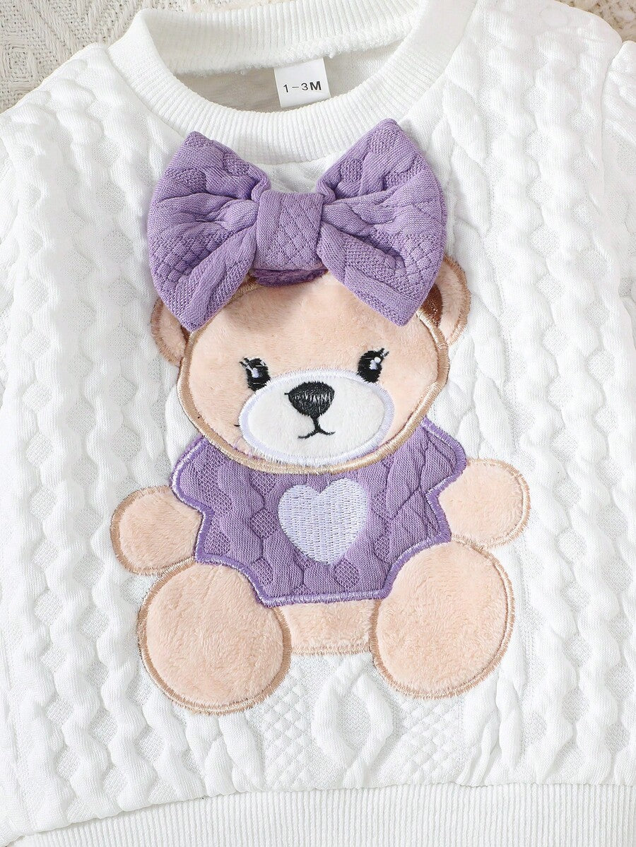 Newborn Baby Girl Bear & Bow Embroidered Long Sleeve Top & Contrast Pants 2PCS Set
