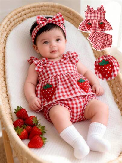 2PCS Baby Strawberry Embroidered Strap Top and Shorts Set for Cute Summer Vacations and Photoshoots