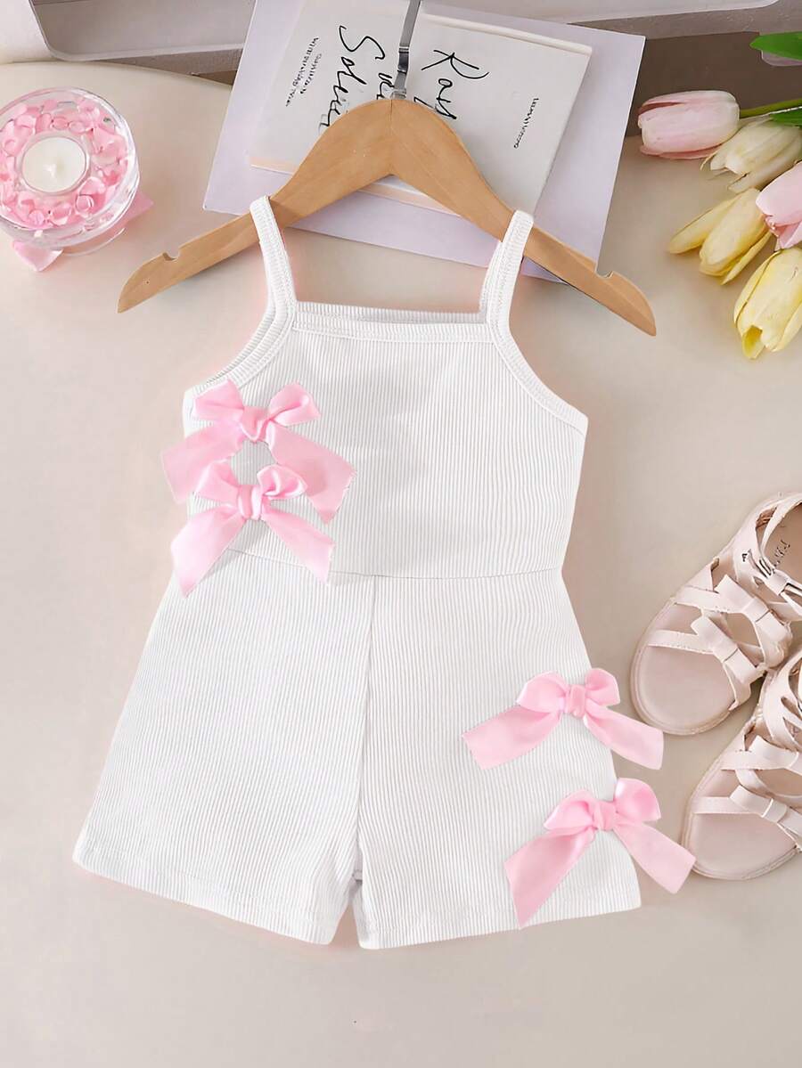 Cute Baby Girl Sleeveless Ribbed Short Jumpsuit With Bow Detail Casual Summer Wear