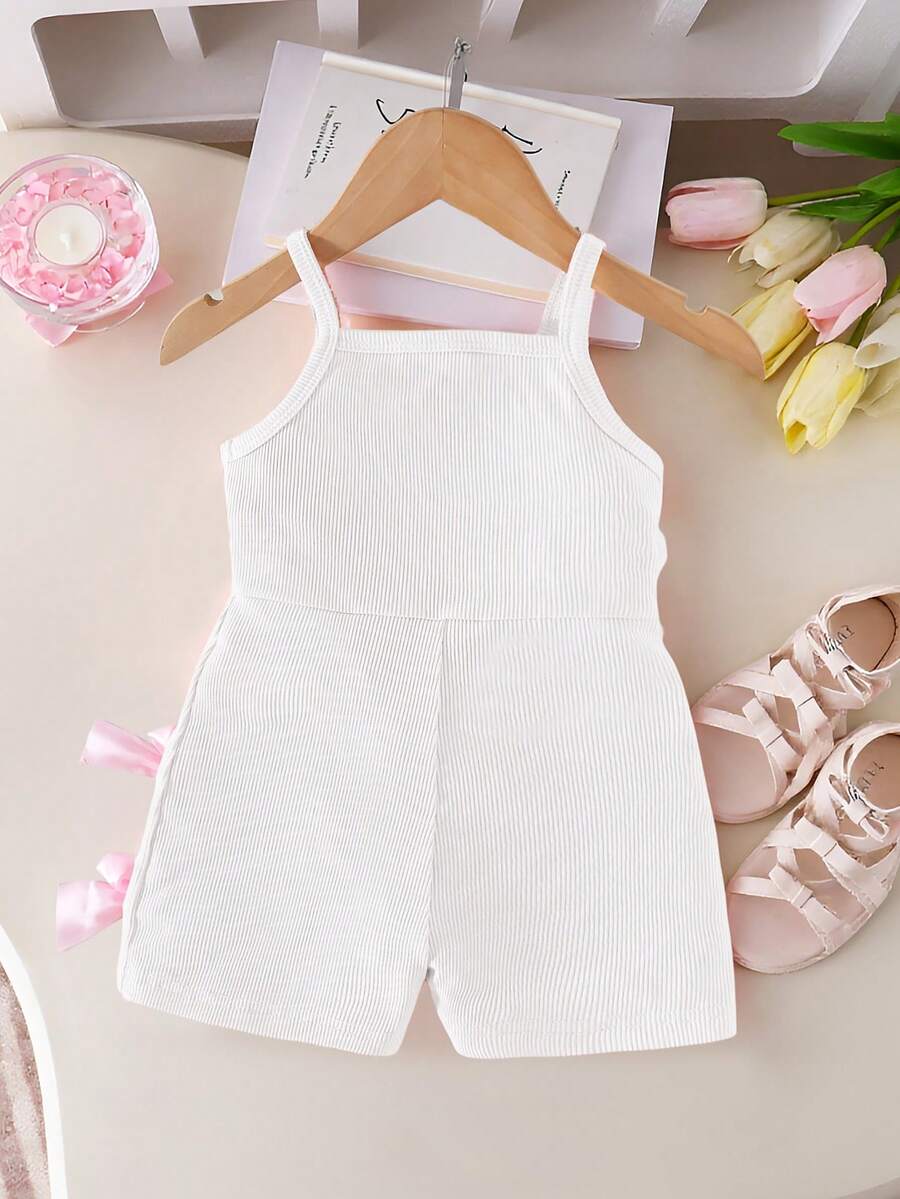 Cute Baby Girl Sleeveless Ribbed Short Jumpsuit With Bow Detail Casual Summer Wear