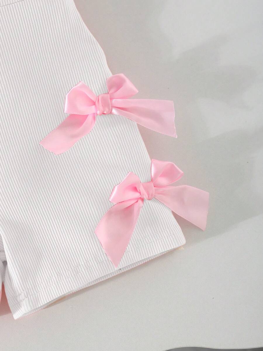 Cute Baby Girl Sleeveless Ribbed Short Jumpsuit With Bow Detail Casual Summer Wear