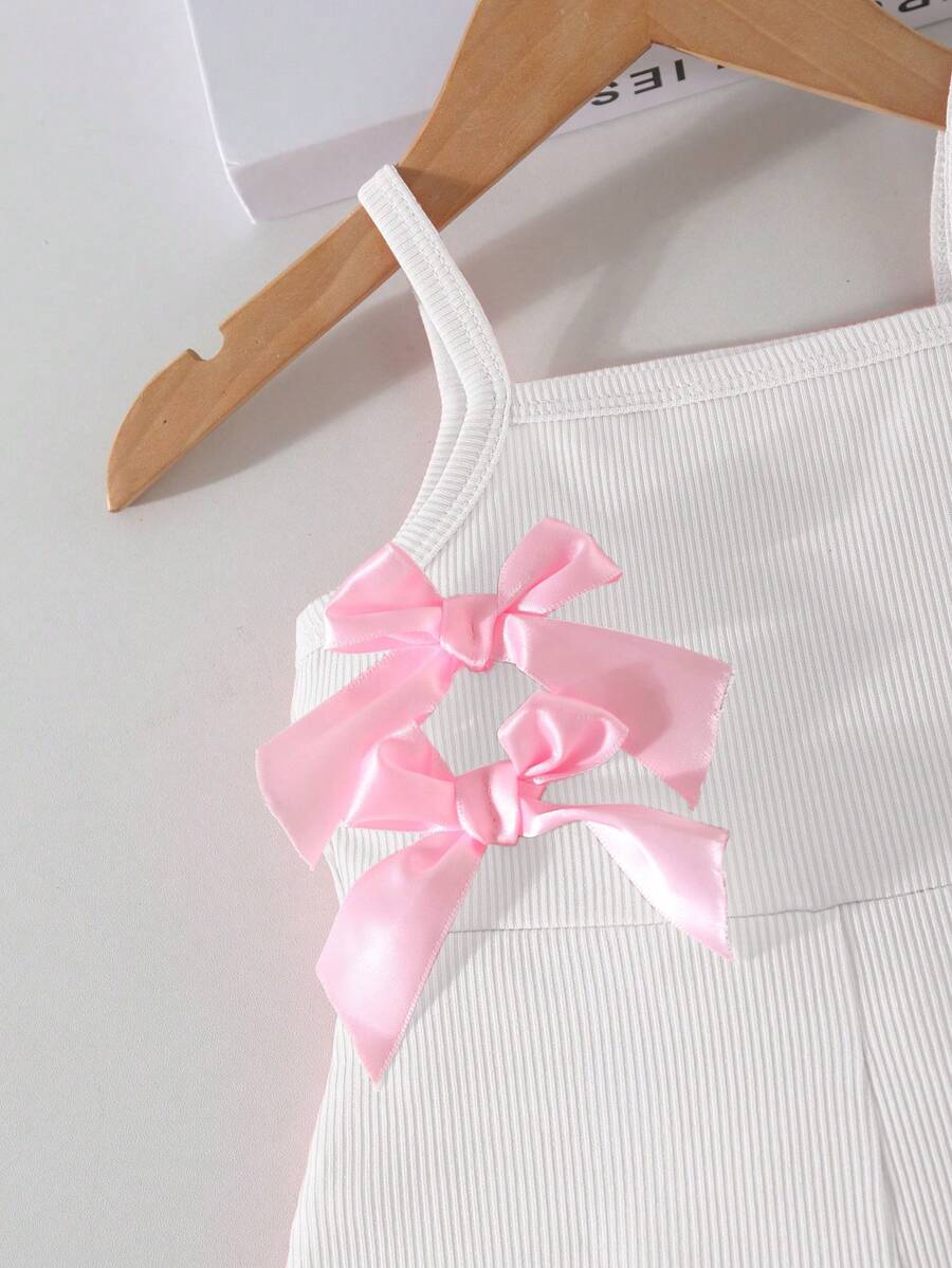 Cute Baby Girl Sleeveless Ribbed Short Jumpsuit With Bow Detail Casual Summer Wear