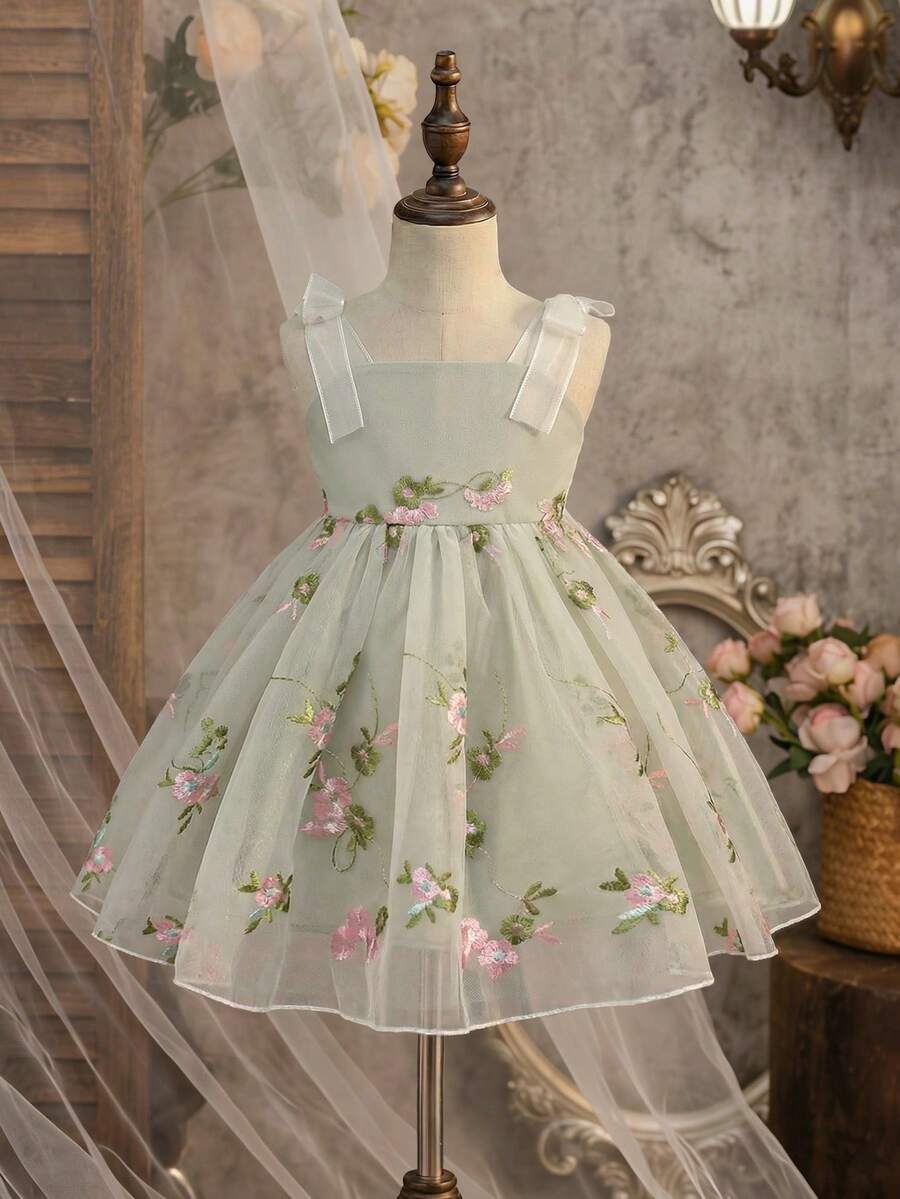Infant Girl 1-Piece Square Neck Puff Sleeve Mesh Dress for Formal Occasions