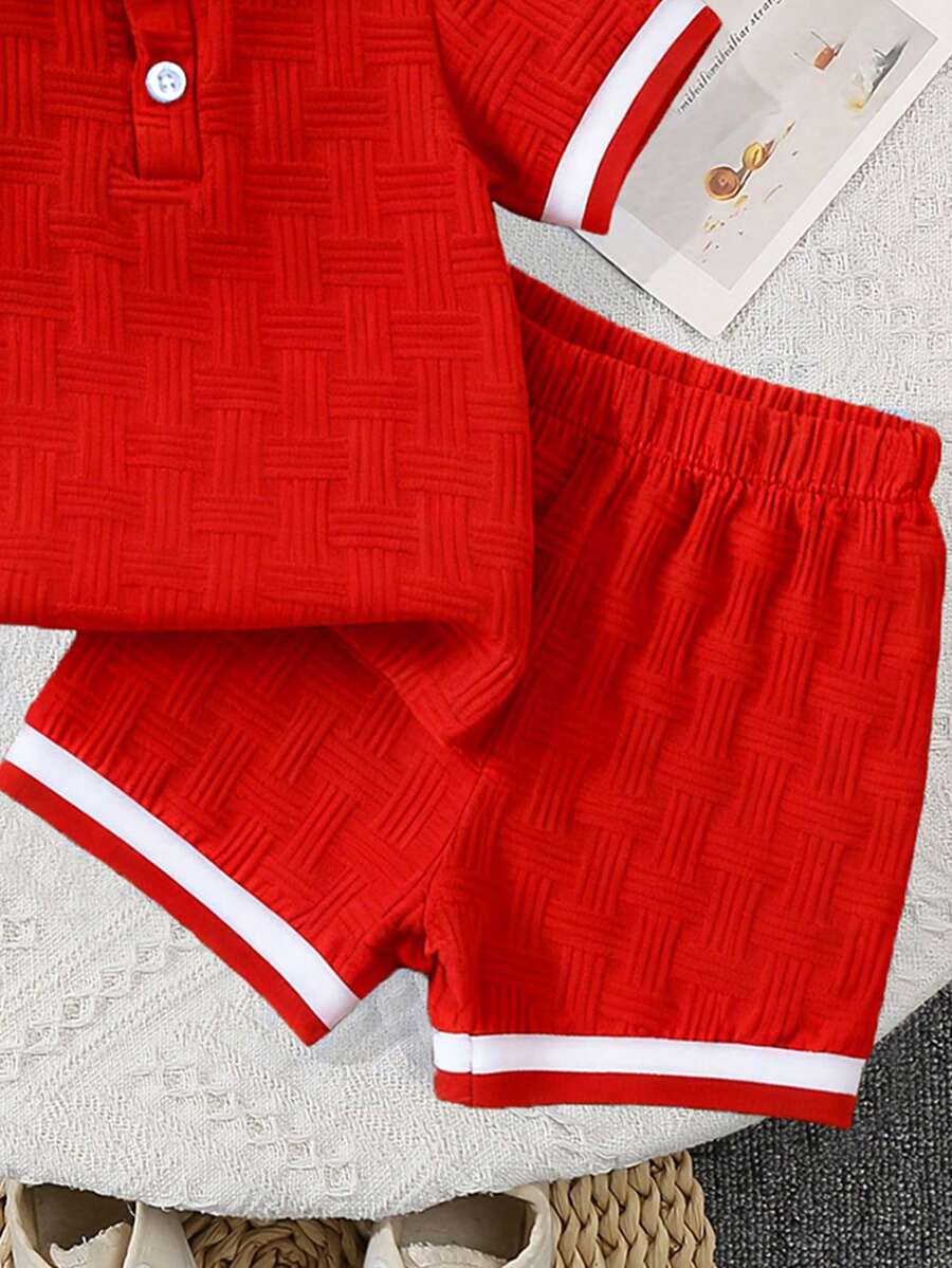 Stylish Baby Boy Solid Color Jacquard Top and Matching Shorts Summer Set