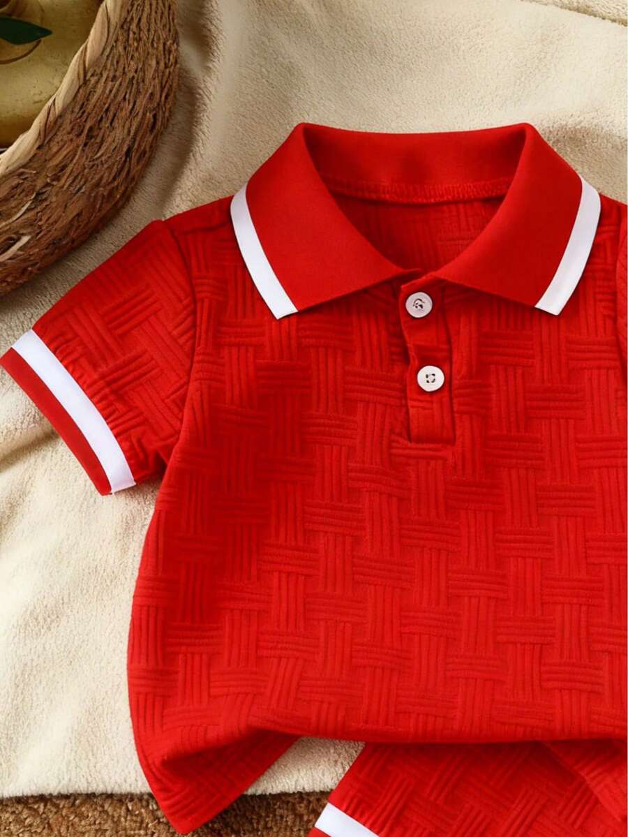 Stylish Baby Boy Solid Color Jacquard Top and Matching Shorts Summer Set