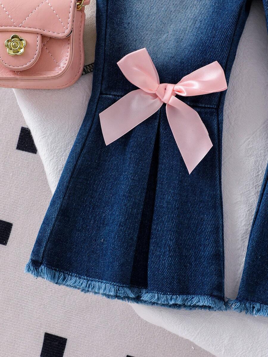 Frayed Hem Flare Denim Pants & 3D Bow Top Set for Toddler Girls