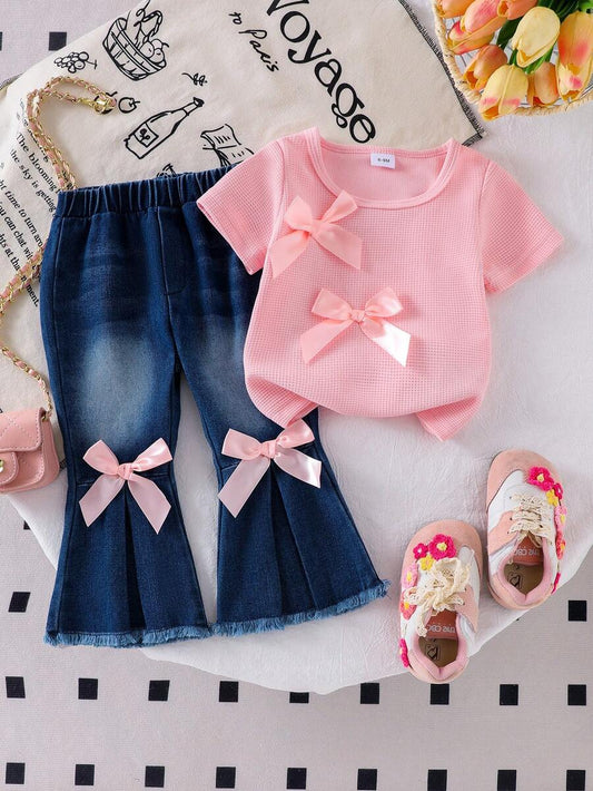 Frayed Hem Flare Denim Pants & 3D Bow Top Set for Toddler Girls