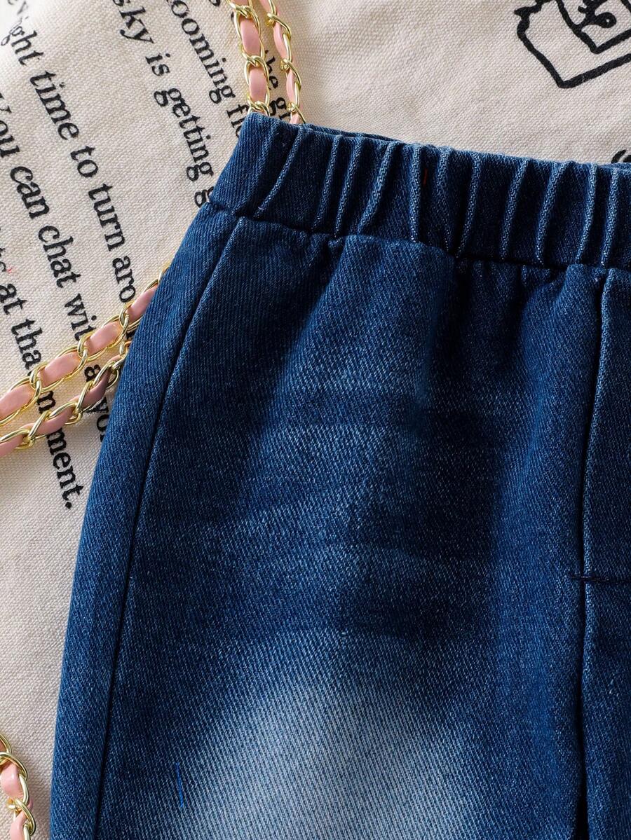 Frayed Hem Flare Denim Pants & 3D Bow Top Set for Toddler Girls