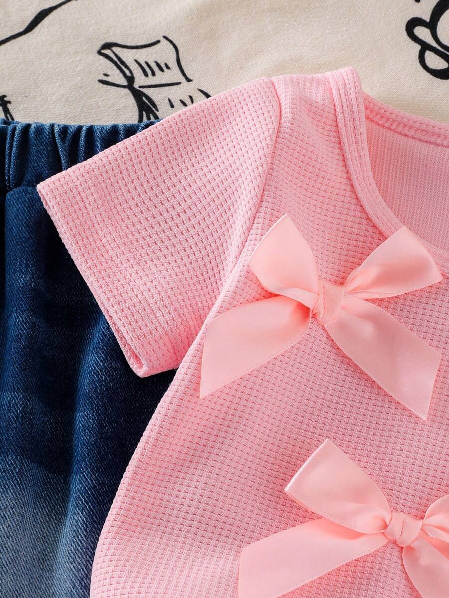Frayed Hem Flare Denim Pants & 3D Bow Top Set for Toddler Girls