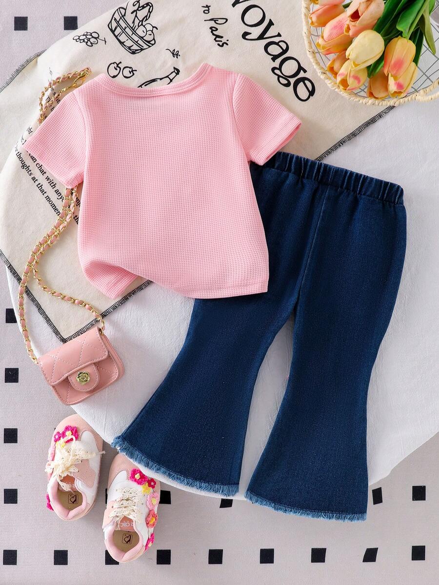 Frayed Hem Flare Denim Pants & 3D Bow Top Set for Toddler Girls